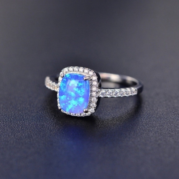 New Blue Fire Opal Silver CZ Ring - Picture 3 of 8